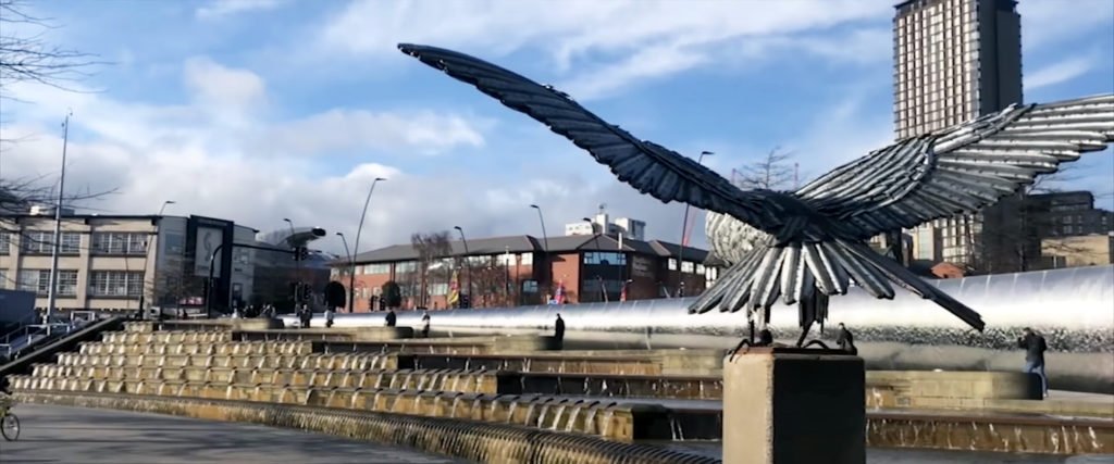Allen The Falcon sculpture at Sheaf Square