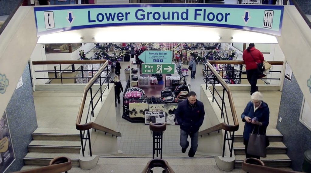 Inside Castle Market, sign to Lower Ground Floor