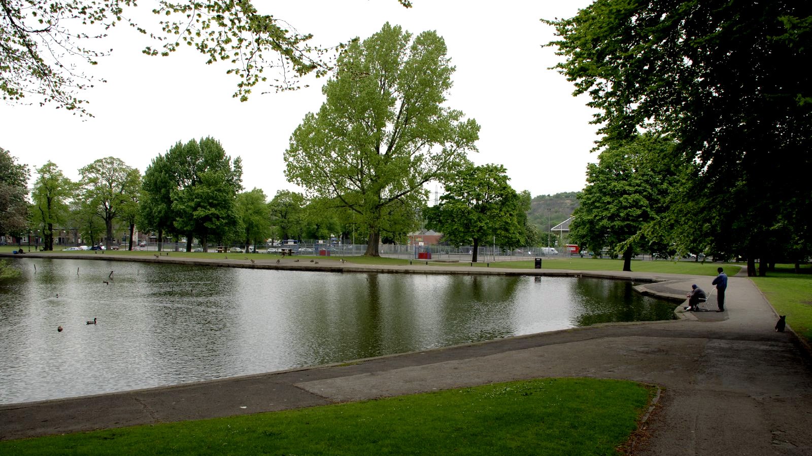Hillsborough Park, looking over the fishing lake and tennis courts towards the A61