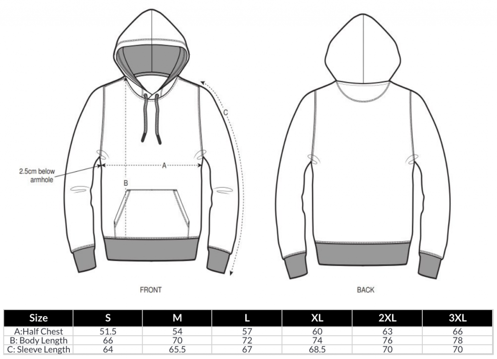 Unisex Hoodies Size Chart